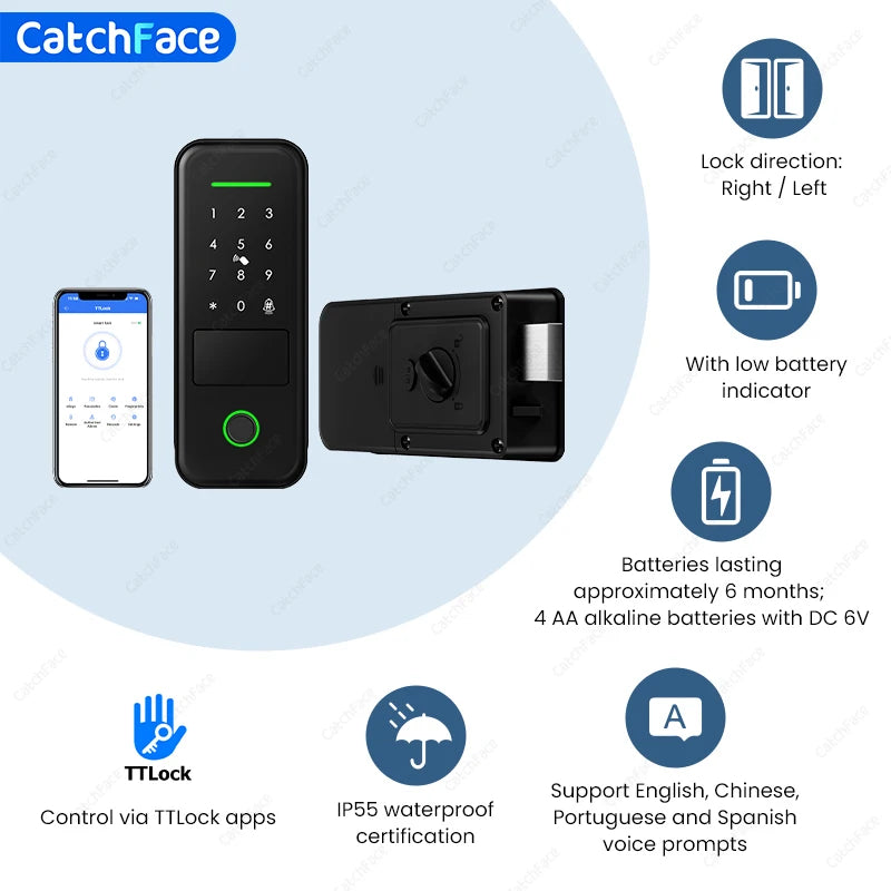 Fingerprint Waterproof Outdoor Garden Lock Remote Control TTLock App Code Keyless Smart Door Lock Electric Rim Lock and Gateway